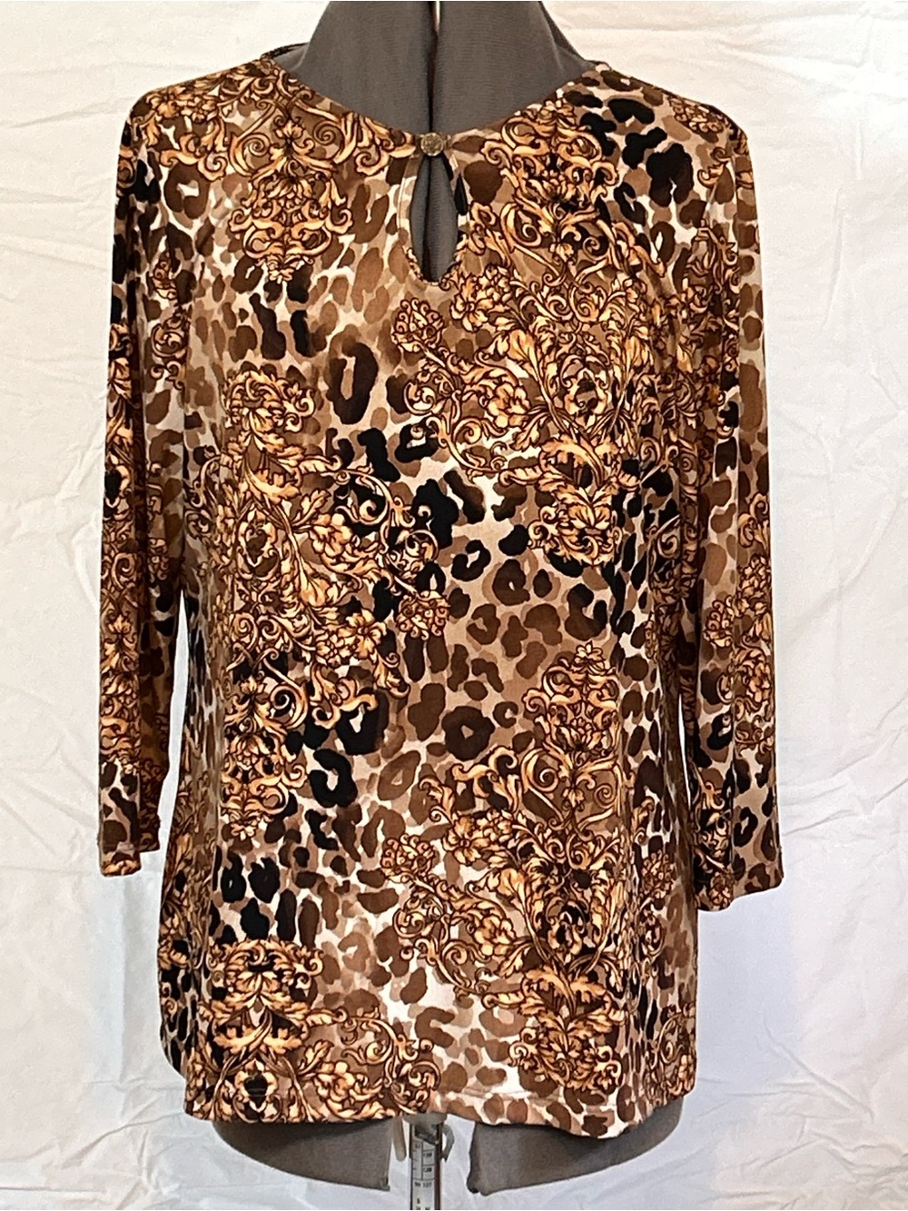 Chico’s Women's Brown Leopard & Baroque Print Keyhole Top